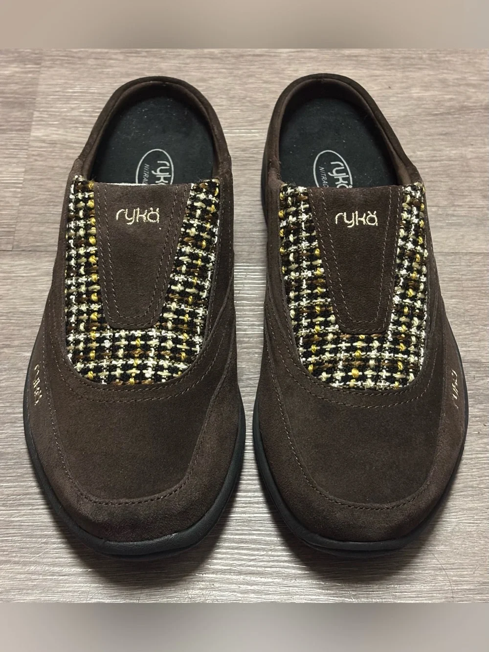 NIB- Ryka Freelance Brown Suede Tweed Inset Mule Clogs Size 9.5
